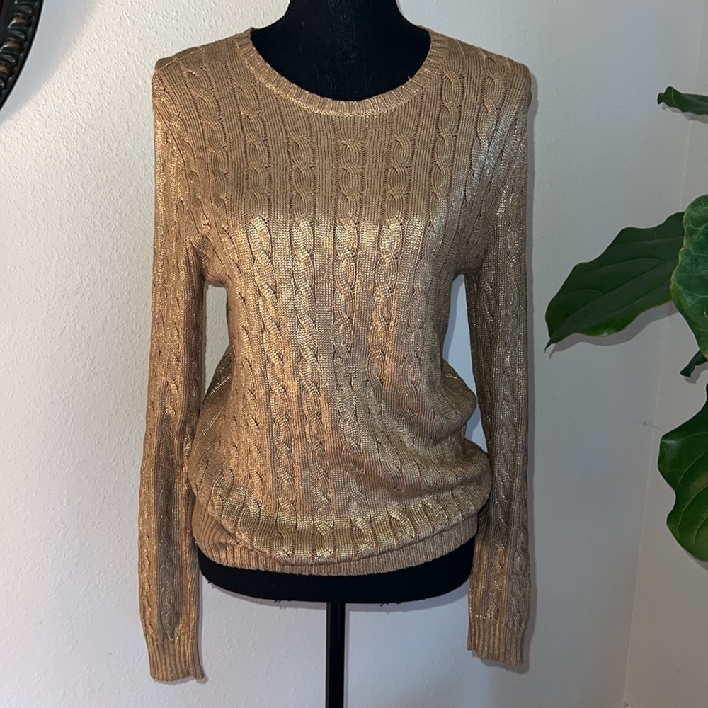 Ralph Lauren Women’s Gold Metallic Cable Knit Cotton Blend Crewneck Sweater M - Picture 2 of 16